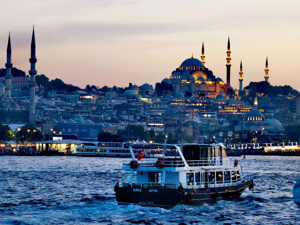 Ship on Bosporus in front of Istanbul skyline