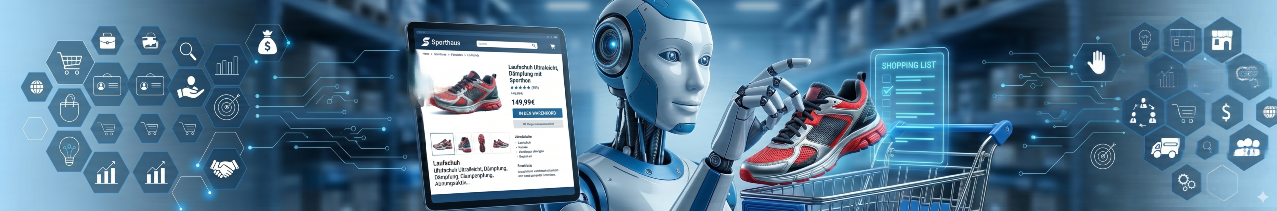 AI robot analyzing running shoe product page on tablet with shopping cart and digital commerce icons